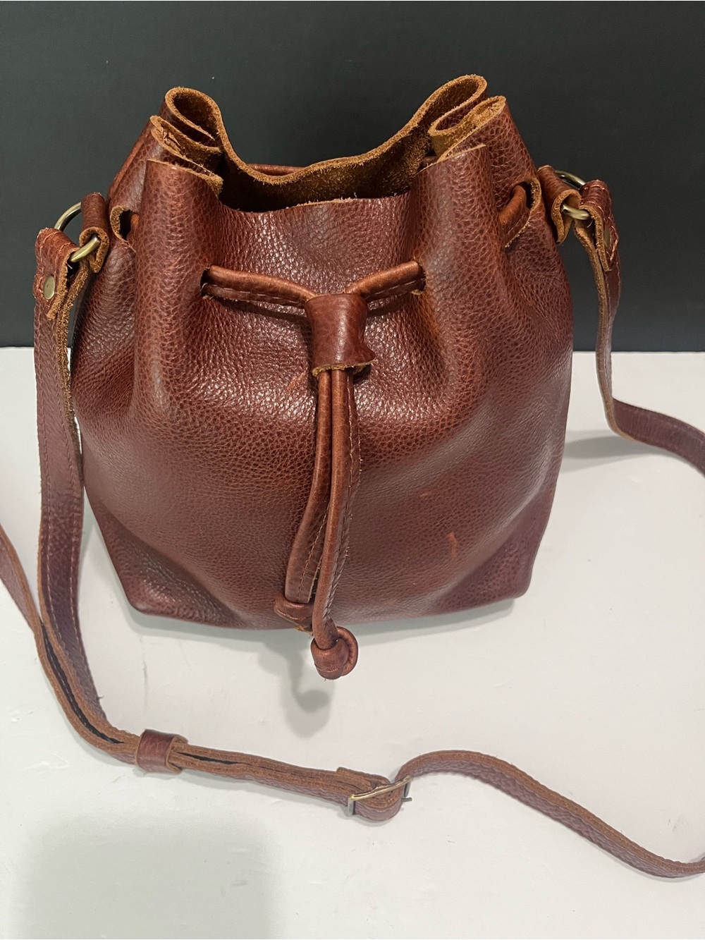 Portland Leather Brown Drawstring Bucket Crossbody Bag